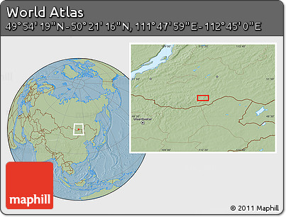 Savanna Style Location Map of the Area around 50° 7' 47" N, 112° 16' 30" E, hill shading