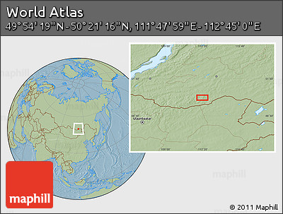 Savanna Style Location Map of the Area around 50° 7' 47" N, 112° 16' 30" E, hill shading