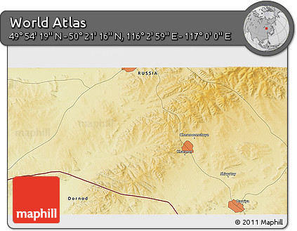 Physical 3D Map of the Area around 50° 7' 47" N, 116° 31' 30" E