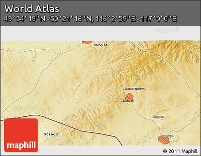 Physical 3D Map of the Area around 50° 7' 47" N, 116° 31' 30" E