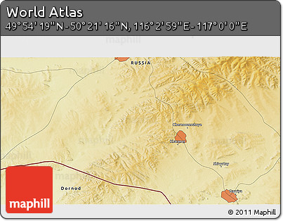 Physical 3D Map of the Area around 50° 7' 47" N, 116° 31' 30" E