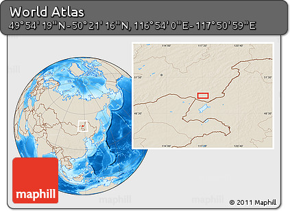 Shaded Relief Location Map of the Area around 50° 7' 47" N, 117° 22' 30" E