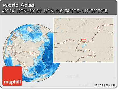Shaded Relief Location Map of the Area around 50° 7' 47" N, 117° 22' 30" E