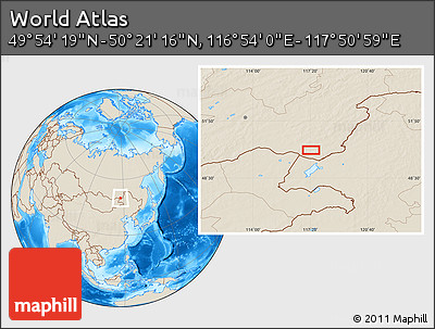 Shaded Relief Location Map of the Area around 50° 7' 47" N, 117° 22' 30" E