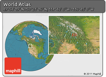 Satellite Location Map of the Area around 50° 7' 47" N, 117° 13' 29" W