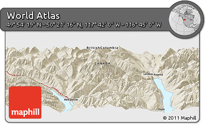 Shaded Relief Panoramic Map of the Area around 50° 7' 47" N, 117° 13' 29" W