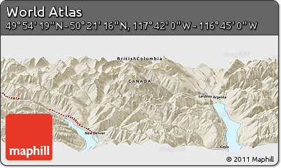 Shaded Relief Panoramic Map of the Area around 50° 7' 47" N, 117° 13' 29" W