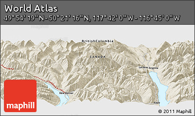 Shaded Relief Panoramic Map of the Area around 50° 7' 47" N, 117° 13' 29" W