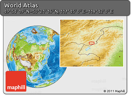 Physical Location Map of the Area around 50° 7' 47" N, 118° 13' 29" E