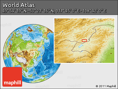 Physical Location Map of the Area around 50° 7' 47" N, 118° 13' 29" E
