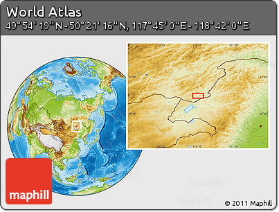 Physical Location Map of the Area around 50° 7' 47" N, 118° 13' 29" E