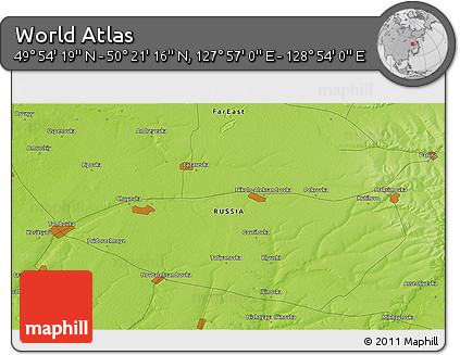 Physical 3D Map of the Area around 50° 7' 47" N, 128° 25' 30" E