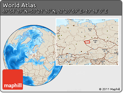 Shaded Relief Location Map of the Area around 50° 7' 47" N, 12° 49' 29" E