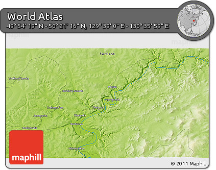 Physical 3D Map of the Area around 50° 7' 47" N, 130° 7' 30" E