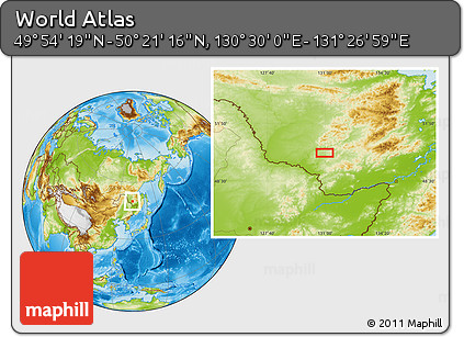 Physical Location Map of the Area around 50° 7' 47" N, 130° 58' 29" E