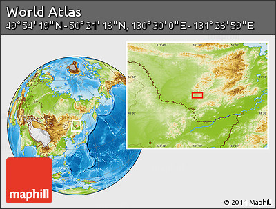 Physical Location Map of the Area around 50° 7' 47" N, 130° 58' 29" E