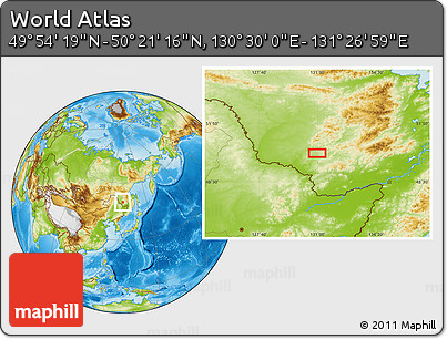 Physical Location Map of the Area around 50° 7' 47" N, 130° 58' 29" E