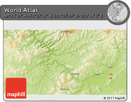 Physical 3D Map of the Area around 50° 7' 47" N, 131° 49' 29" E