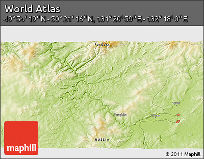 Physical 3D Map of the Area around 50° 7' 47" N, 131° 49' 29" E