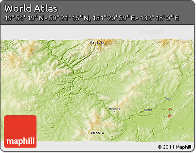 Physical 3D Map of the Area around 50° 7' 47" N, 131° 49' 29" E