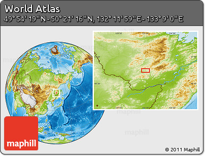 Physical Location Map of the Area around 50° 7' 47" N, 132° 40' 30" E