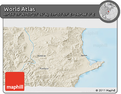 Shaded Relief 3D Map of the Area around 50° 7' 47" N, 140° 19' 29" E