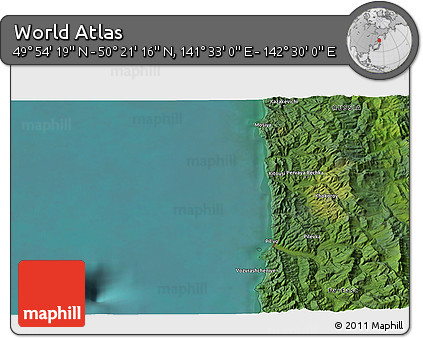 Satellite 3D Map of the Area around 50° 7' 47" N, 142° 1' 30" E