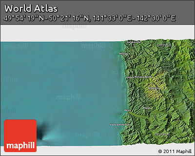 Satellite 3D Map of the Area around 50° 7' 47" N, 142° 1' 30" E