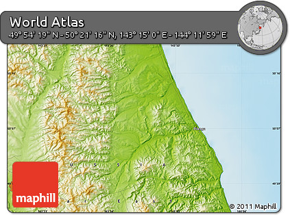 Physical Map of the Area around 50° 7' 47" N, 143° 43' 29" E