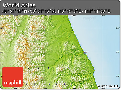 Physical Map of the Area around 50° 7' 47" N, 143° 43' 29" E