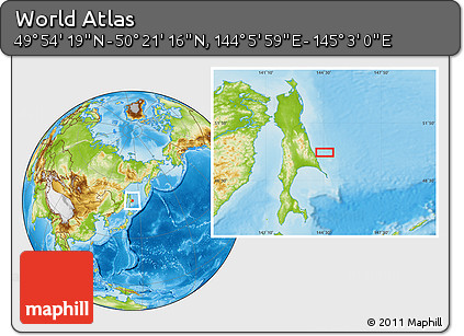Physical Location Map of the Area around 50° 7' 47" N, 144° 34' 29" E