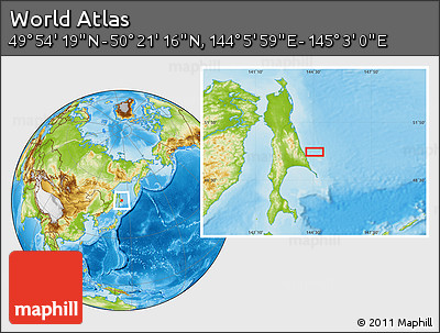 Physical Location Map of the Area around 50° 7' 47" N, 144° 34' 29" E