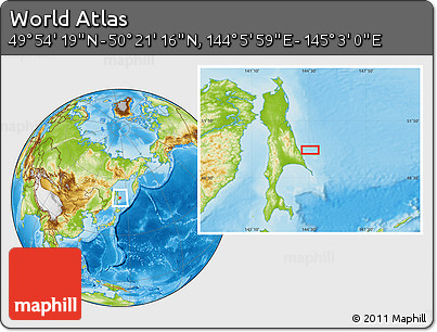 Physical Location Map of the Area around 50° 7' 47" N, 144° 34' 29" E