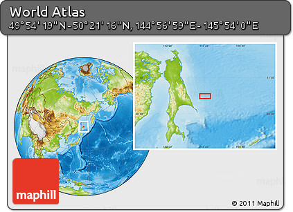Physical Location Map of the Area around 50° 7' 47" N, 145° 25' 30" E