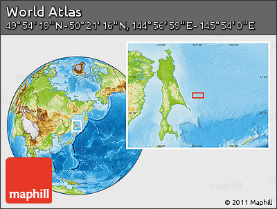 Physical Location Map of the Area around 50° 7' 47" N, 145° 25' 30" E