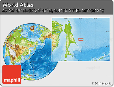 Physical Location Map of the Area around 50° 7' 47" N, 145° 25' 30" E