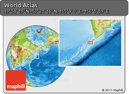 Physical Location Map of the Area around 50° 7' 47" N, 155° 37' 30" E
