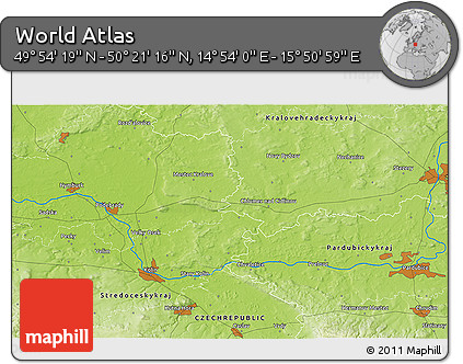 Physical 3D Map of the Area around 50° 7' 47" N, 15° 22' 30" E