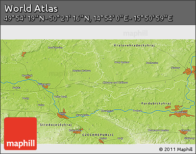 Physical 3D Map of the Area around 50° 7' 47" N, 15° 22' 30" E