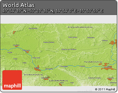 Physical 3D Map of the Area around 50° 7' 47" N, 15° 22' 30" E