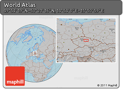 Gray Location Map of the Area around 50° 7' 47" N, 15° 22' 30" E, hill shading