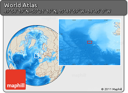 Shaded Relief Location Map of the Area around 50° 7' 47" N, 15° 13' 29" W