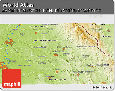 Physical 3D Map of the Area around 50° 7' 47" N, 16° 13' 30" E