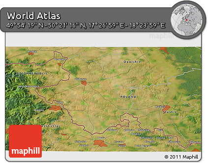 Satellite 3D Map of the Area around 50° 7' 47" N, 17° 55' 29" E