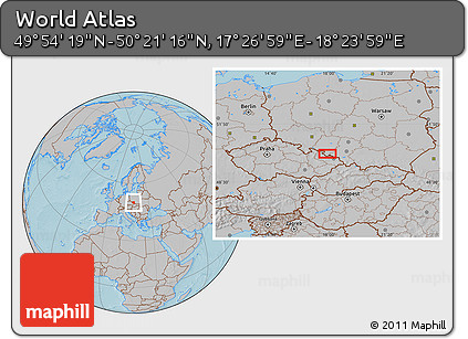 Gray Location Map of the Area around 50° 7' 47" N, 17° 55' 29" E, hill shading