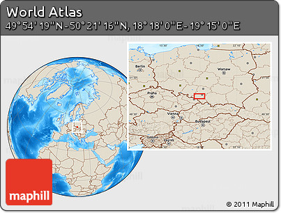 Shaded Relief Location Map of the Area around 50° 7' 47" N, 18° 46' 29" E