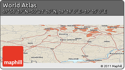 Shaded Relief Panoramic Map of the Area around 50° 7' 47" N, 18° 46' 29" E