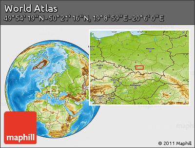 Physical Location Map of the Area around 50° 7' 47" N, 19° 37' 30" E