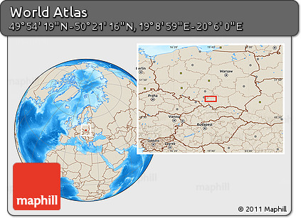 Shaded Relief Location Map of the Area around 50° 7' 47" N, 19° 37' 30" E