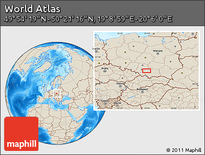 Shaded Relief Location Map of the Area around 50° 7' 47" N, 19° 37' 30" E